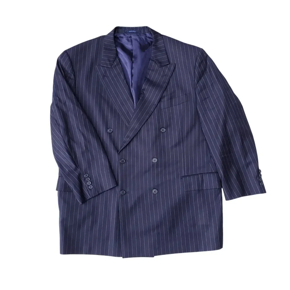 Joseph Abboud 2 Pc Suit Double Breasted Wool Navy Blue Pink Pinstripe 48R 40x28